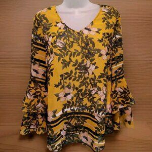 Cabi Yellow Green Floral Semi Sheer Long Bell Sleeve V Neck Top Sz XS